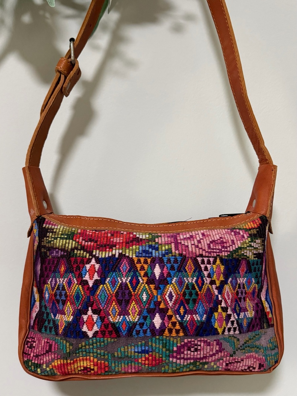 Guatemalan Woven Leather Shoulder Bag Colorful Boho Artisan Textile Purse